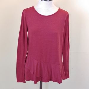 Ann Taylor Burgundy Long Sleeve Flared Hem Top